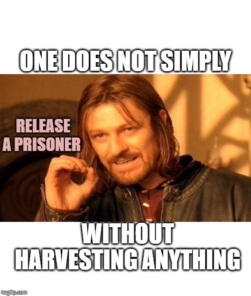 One Does Not Simply | ONE DOES NOT SIMPLY; RELEASE A PRISONER; WITHOUT HARVESTING ANYTHING | image tagged in memes,one does not simply | made w/ Imgflip meme maker