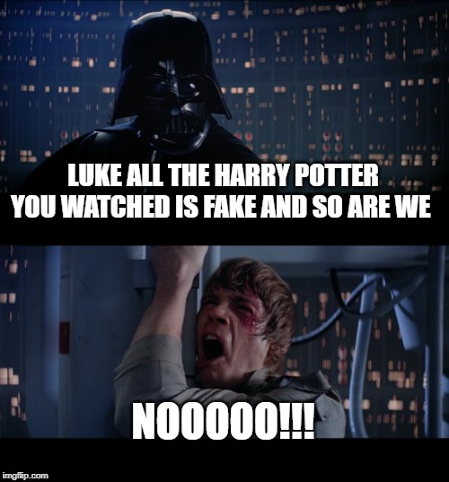 My first meme | LUKE ALL THE HARRY POTTER YOU WATCHED IS FAKE AND SO ARE WE; NOOOOO!!! | image tagged in memes,star wars no | made w/ Imgflip meme maker