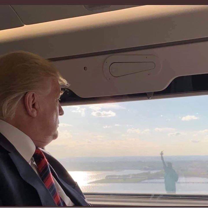 President Trump flying past the Statue of Liberty Blank Meme Template