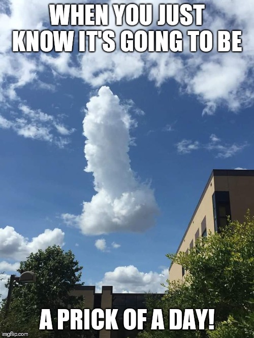 What a day! | WHEN YOU JUST KNOW IT'S GOING TO BE; A PRICK OF A DAY! | image tagged in prick of a day,funny cloud | made w/ Imgflip meme maker