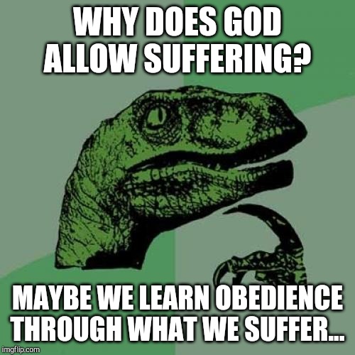 Philosoraptor Meme | WHY DOES GOD ALLOW SUFFERING? MAYBE WE LEARN OBEDIENCE THROUGH WHAT WE SUFFER... | image tagged in memes,philosoraptor | made w/ Imgflip meme maker