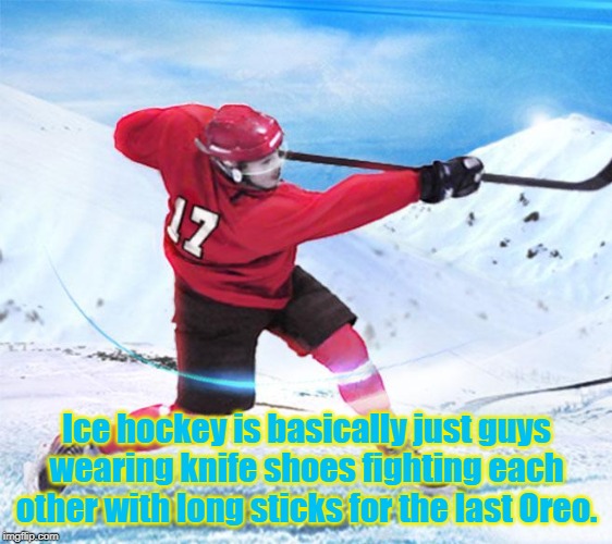 Ice hockey | Ice hockey is basically just guys wearing knife shoes fighting each other with long sticks for the last Oreo. | image tagged in sport | made w/ Imgflip meme maker