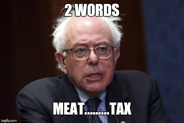 Bernie Sanders | 2 WORDS; MEAT.........TAX | image tagged in bernie sanders | made w/ Imgflip meme maker