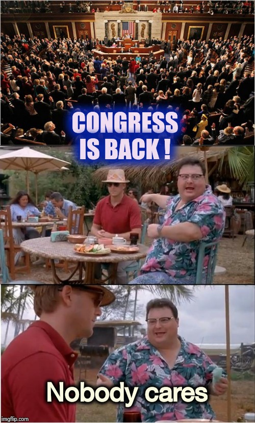 You're not alone if you didn't notice that they were gone | CONGRESS IS BACK ! Nobody cares | image tagged in memes,see nobody cares,congress,waste of time,waste of money,impeach | made w/ Imgflip meme maker