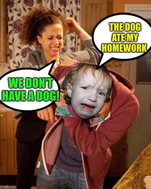 battered husband | THE DOG ATE MY HOMEWORK WE DON’T HAVE A DOG! | image tagged in battered husband | made w/ Imgflip meme maker