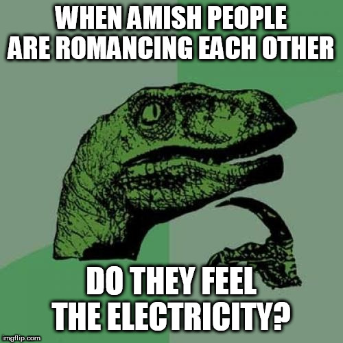 Amish Week from me MemefordandSons. September 2nd to September 9th | WHEN AMISH PEOPLE ARE ROMANCING EACH OTHER; DO THEY FEEL THE ELECTRICITY? | image tagged in memes,philosoraptor,amish,theme week,imgflip | made w/ Imgflip meme maker