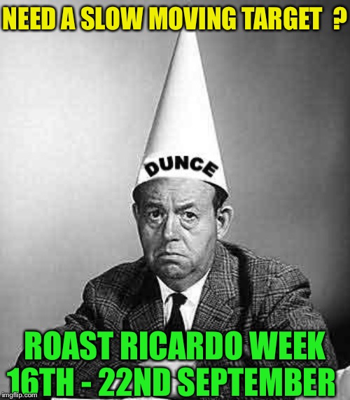 If you take part please use ‘ roast Ricardo week ‘ in the tags | NEED A SLOW MOVING TARGET  ? ROAST RICARDO WEEK 16TH - 22ND SEPTEMBER | image tagged in dunce,roast ricardo week,neo,event,memes,roasting | made w/ Imgflip meme maker