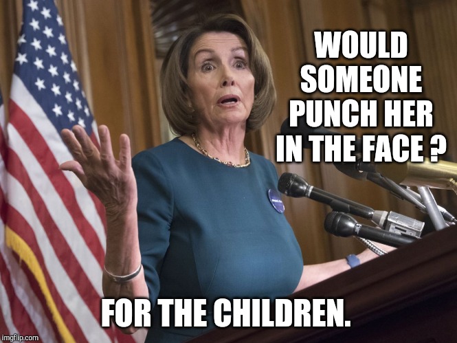 POOLOSI RECKONS YOUR GOING TO HAVE TO BE READY TO PUNCH PEOPLE IN THE FACE FOR THE CHILDREN. To which her morons then applauded. | WOULD SOMEONE PUNCH HER IN THE FACE ? FOR THE CHILDREN. | image tagged in nancy pelosi,moron,pelosi is an alcoholic,get her a dentist,idiot poster child,pelosi should retire | made w/ Imgflip meme maker
