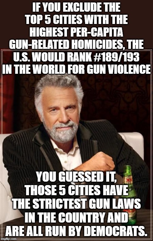 The problem is not AR-15's and not enough gun laws. | IF YOU EXCLUDE THE TOP 5 CITIES WITH THE HIGHEST PER-CAPITA GUN-RELATED HOMICIDES, THE U.S. WOULD RANK #189/193 IN THE WORLD FOR GUN VIOLENCE; YOU GUESSED IT, THOSE 5 CITIES HAVE THE STRICTEST GUN LAWS IN THE COUNTRY AND ARE ALL RUN BY DEMOCRATS. | image tagged in memes,the most interesting man in the world | made w/ Imgflip meme maker