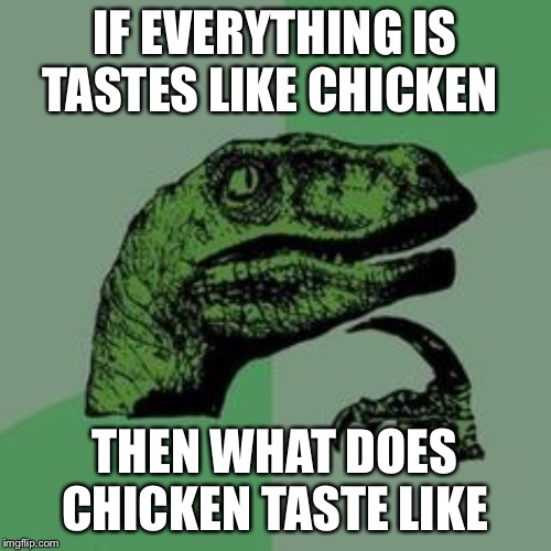 Time raptor  | IF EVERYTHING IS TASTES LIKE CHICKEN; THEN WHAT DOES CHICKEN TASTE LIKE | image tagged in time raptor | made w/ Imgflip meme maker