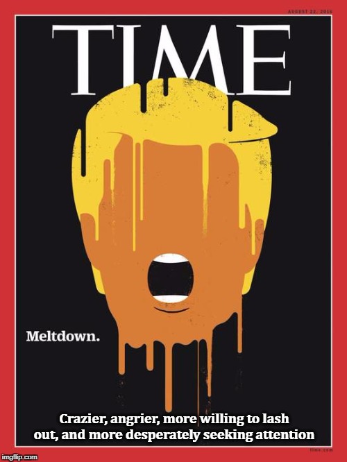 Worse every month | Crazier, angrier, more willing to lash out, and more desperately seeking attention | image tagged in trump meltdown time cover,trump,crazy,angry,deterioration,falling apart | made w/ Imgflip meme maker