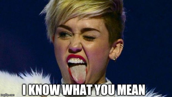 Miley Cyrus tongue | I KNOW WHAT YOU MEAN | image tagged in miley cyrus tongue | made w/ Imgflip meme maker