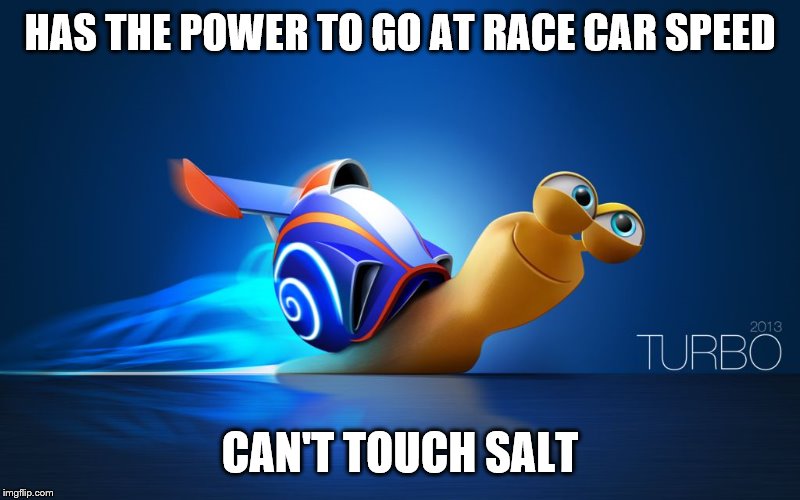 Turbo | HAS THE POWER TO GO AT RACE CAR SPEED; CAN'T TOUCH SALT | image tagged in turbo | made w/ Imgflip meme maker