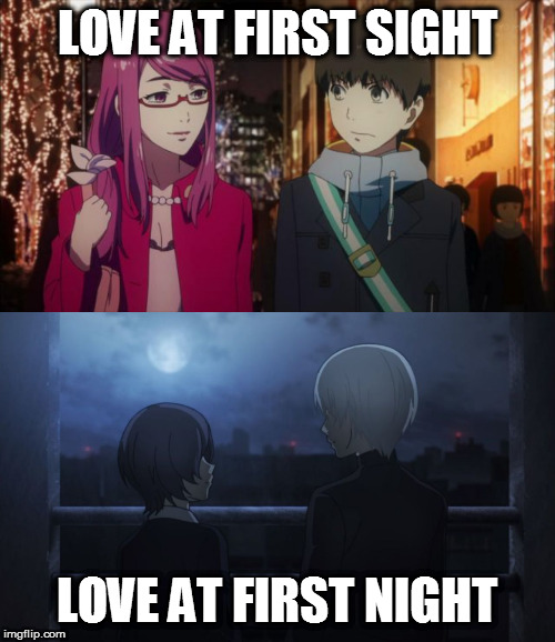 It gives me a disgusting feeling when people ship touka and kaneki | LOVE AT FIRST SIGHT; LOVE AT FIRST NIGHT | image tagged in tokyo ghoul,kaneki,touka,rize | made w/ Imgflip meme maker