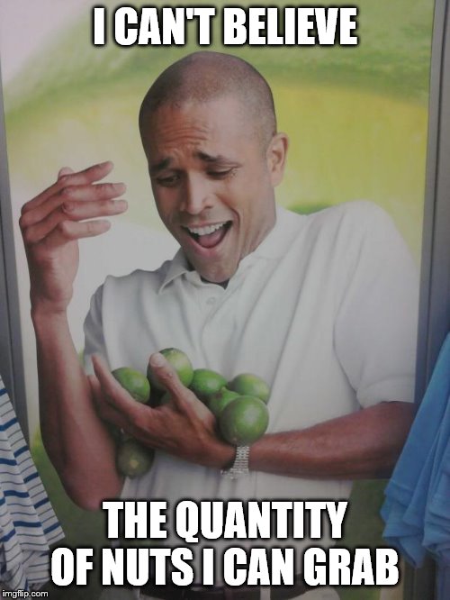 Why Can't I Hold All These Limes | I CAN'T BELIEVE; THE QUANTITY OF NUTS I CAN GRAB | image tagged in memes,why can't i hold all these limes | made w/ Imgflip meme maker