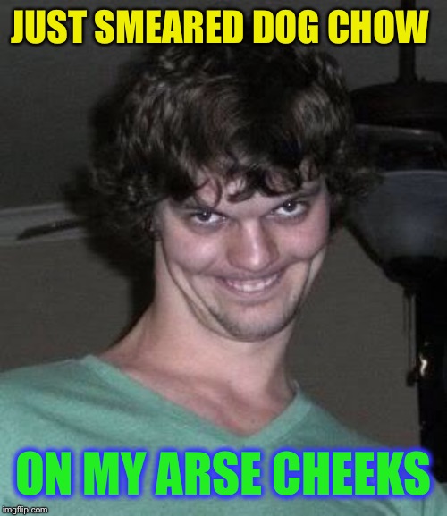 Creepy guy  | JUST SMEARED DOG CHOW ON MY ARSE CHEEKS | image tagged in creepy guy | made w/ Imgflip meme maker