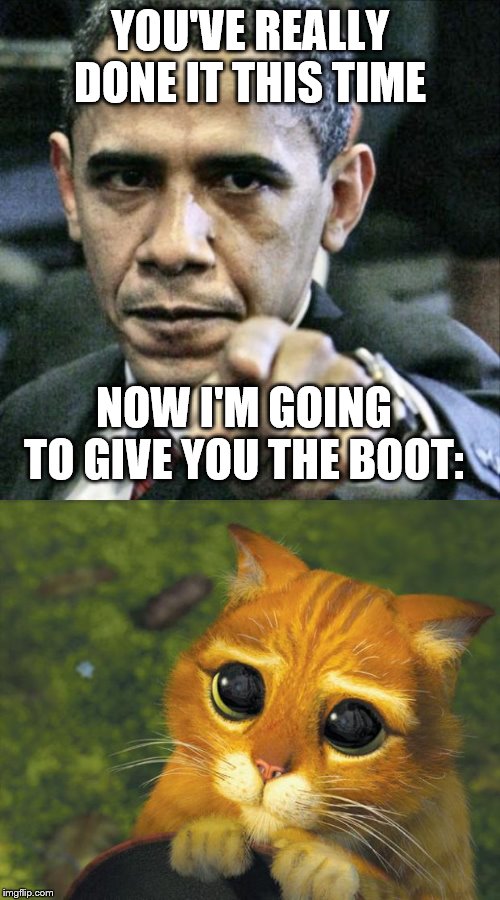 YOU'VE REALLY DONE IT THIS TIME; NOW I'M GOING TO GIVE YOU THE BOOT: | image tagged in puss in boots,memes,pissed off obama | made w/ Imgflip meme maker