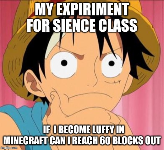 Luffy focused | MY EXPIRIMENT FOR SIENCE CLASS; IF  I BECOME LUFFY IN MINECRAFT CAN I REACH 60 BLOCKS OUT | image tagged in luffy focused | made w/ Imgflip meme maker