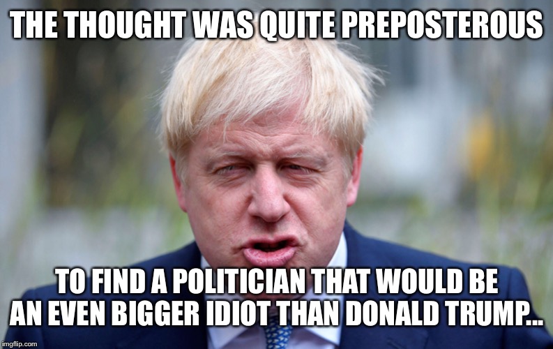 Great Britain: Hold my beer...! | THE THOUGHT WAS QUITE PREPOSTEROUS; TO FIND A POLITICIAN THAT WOULD BE AN EVEN BIGGER IDIOT THAN DONALD TRUMP... | image tagged in boris johnson | made w/ Imgflip meme maker