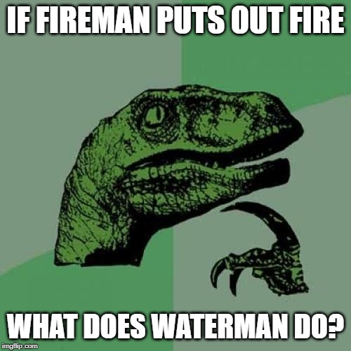 Philosoraptor Meme | IF FIREMAN PUTS OUT FIRE; WHAT DOES WATERMAN DO? | image tagged in memes,philosoraptor | made w/ Imgflip meme maker