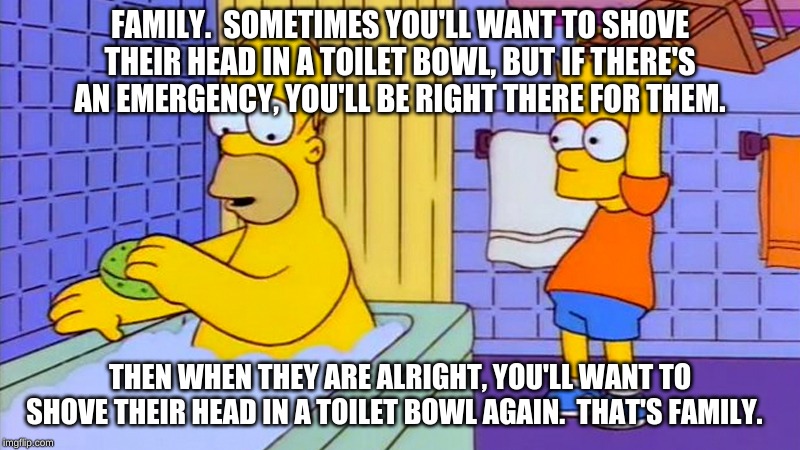 bart hitting homer with a chair | FAMILY.  SOMETIMES YOU'LL WANT TO SHOVE THEIR HEAD IN A TOILET BOWL, BUT IF THERE'S AN EMERGENCY, YOU'LL BE RIGHT THERE FOR THEM. THEN WHEN THEY ARE ALRIGHT, YOU'LL WANT TO SHOVE THEIR HEAD IN A TOILET BOWL AGAIN.  THAT'S FAMILY. | image tagged in bart hitting homer with a chair | made w/ Imgflip meme maker