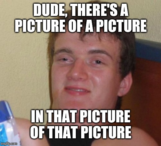 10 Guy Meme | DUDE, THERE'S A PICTURE OF A PICTURE IN THAT PICTURE OF THAT PICTURE | image tagged in memes,10 guy | made w/ Imgflip meme maker