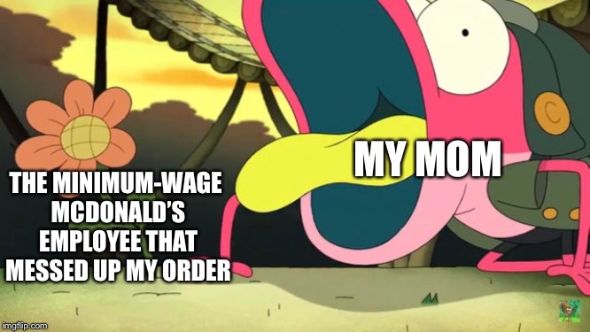 Screaming Sprig | MY MOM; THE MINIMUM-WAGE 
MCDONALD’S EMPLOYEE THAT MESSED UP MY ORDER | image tagged in screaming sprig | made w/ Imgflip meme maker