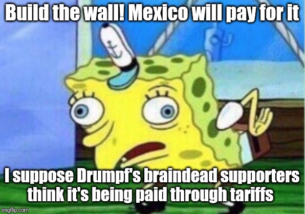 Mocking Spongebob Meme | Build the wall! Mexico will pay for it; I suppose Drumpf's braindead supporters think it's being paid through tariffs | image tagged in memes,mocking spongebob | made w/ Imgflip meme maker