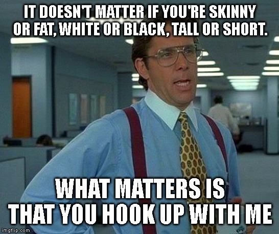 That Would Be Great Meme | IT DOESN'T MATTER IF YOU'RE SKINNY OR FAT, WHITE OR BLACK, TALL OR SHORT. WHAT MATTERS IS THAT YOU HOOK UP WITH ME | image tagged in memes,that would be great | made w/ Imgflip meme maker