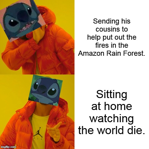 Even tho he good, he still dark heart. | Sending his cousins to help put out the fires in the Amazon Rain Forest. Sitting at home watching the world die. | image tagged in memes,drake hotline bling,stitch | made w/ Imgflip meme maker