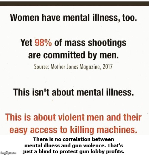 There is no correlation between mental illness and gun violence. That's just a blind to protect gun lobby profits. | image tagged in gun,gun violence,mass shooting,mental illness,gun control | made w/ Imgflip meme maker