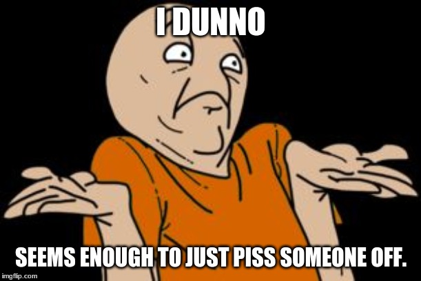 i dunno | I DUNNO SEEMS ENOUGH TO JUST PISS SOMEONE OFF. | image tagged in i dunno | made w/ Imgflip meme maker