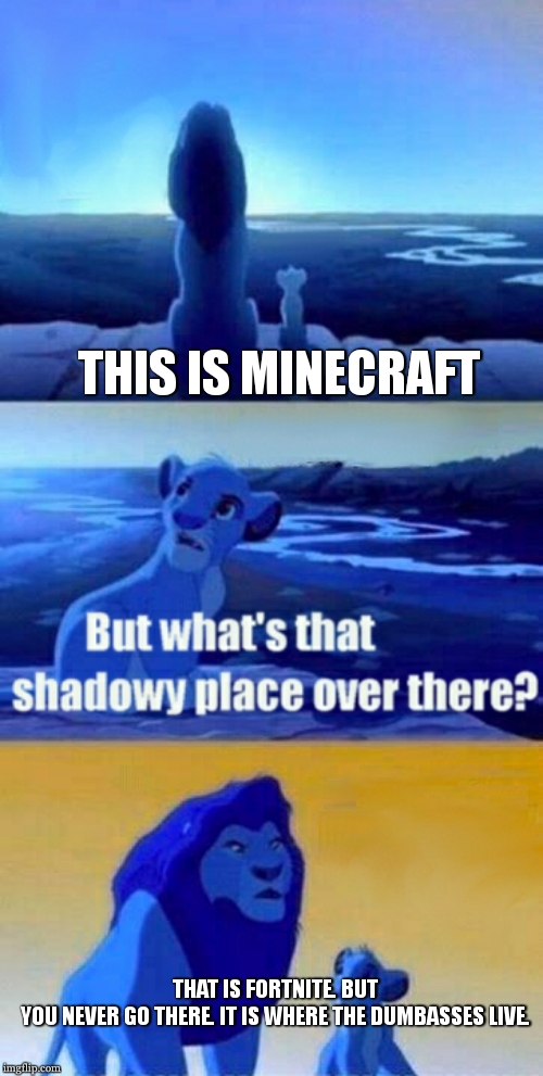 Simba Shadowy Place Meme | THIS IS MINECRAFT; THAT IS FORTNITE. BUT YOU NEVER GO THERE. IT IS WHERE THE DUMBASSES LIVE. | image tagged in memes,simba shadowy place | made w/ Imgflip meme maker