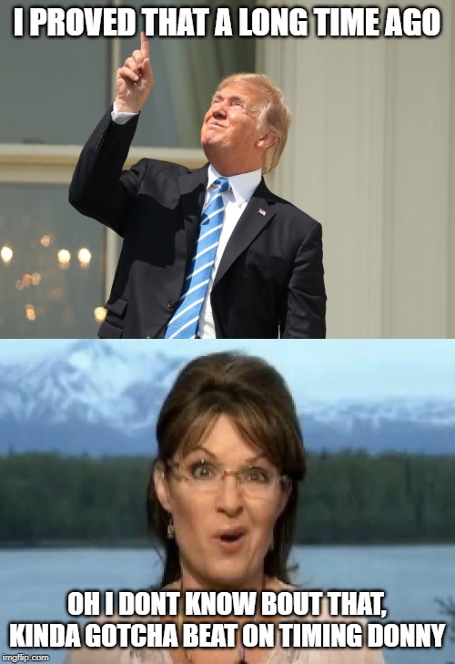 I PROVED THAT A LONG TIME AGO OH I DONT KNOW BOUT THAT, KINDA GOTCHA BEAT ON TIMING DONNY | image tagged in sarah palin,trump eclipse | made w/ Imgflip meme maker