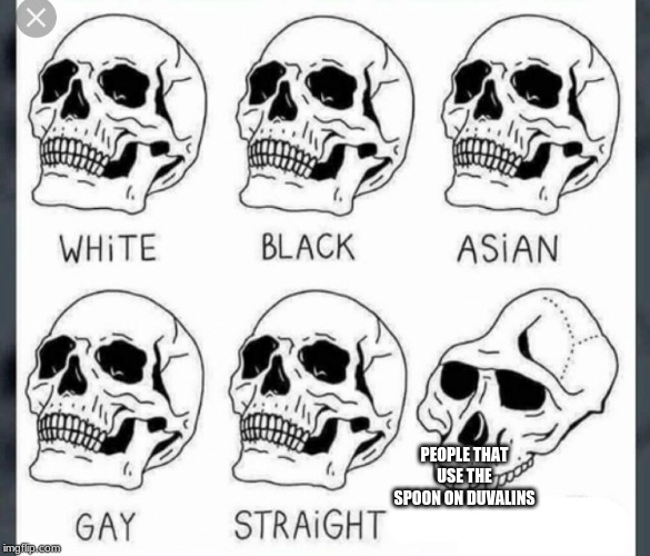 White Black Asian Gay Straight skull template | PEOPLE THAT USE THE SPOON ON DUVALINS | image tagged in white black asian gay straight skull template | made w/ Imgflip meme maker