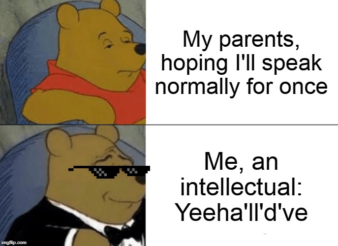 Tuxedo Winnie The Pooh Meme | My parents, hoping I'll speak normally for once; Me, an intellectual: Yeeha'll'd've | image tagged in memes,tuxedo winnie the pooh | made w/ Imgflip meme maker