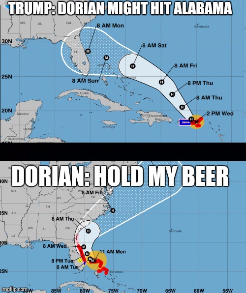 Contrarian Hurricane Proves Trump Wrong!!! | TRUMP: DORIAN MIGHT HIT ALABAMA; DORIAN: HOLD MY BEER | image tagged in fake news,media lies,hurricane dorian | made w/ Imgflip meme maker