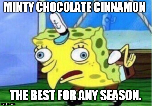 Mocking Spongebob Meme | MINTY CHOCOLATE CINNAMON THE BEST FOR ANY SEASON. | image tagged in memes,mocking spongebob | made w/ Imgflip meme maker
