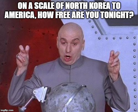 Dr Evil Laser | ON A SCALE OF NORTH KOREA TO AMERICA, HOW FREE ARE YOU TONIGHT? | image tagged in memes,dr evil laser | made w/ Imgflip meme maker