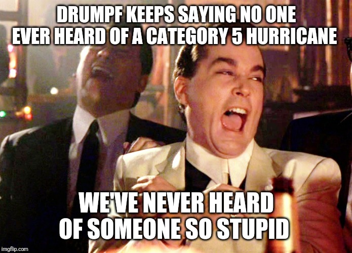 Good Fellas Hilarious Meme | DRUMPF KEEPS SAYING NO ONE EVER HEARD OF A CATEGORY 5 HURRICANE; WE'VE NEVER HEARD OF SOMEONE SO STUPID | image tagged in memes,good fellas hilarious | made w/ Imgflip meme maker