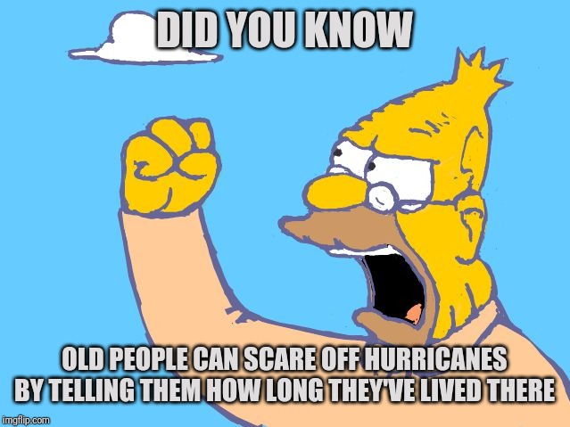 old man yells at cloud | DID YOU KNOW; OLD PEOPLE CAN SCARE OFF HURRICANES BY TELLING THEM HOW LONG THEY'VE LIVED THERE | image tagged in old man yells at cloud | made w/ Imgflip meme maker