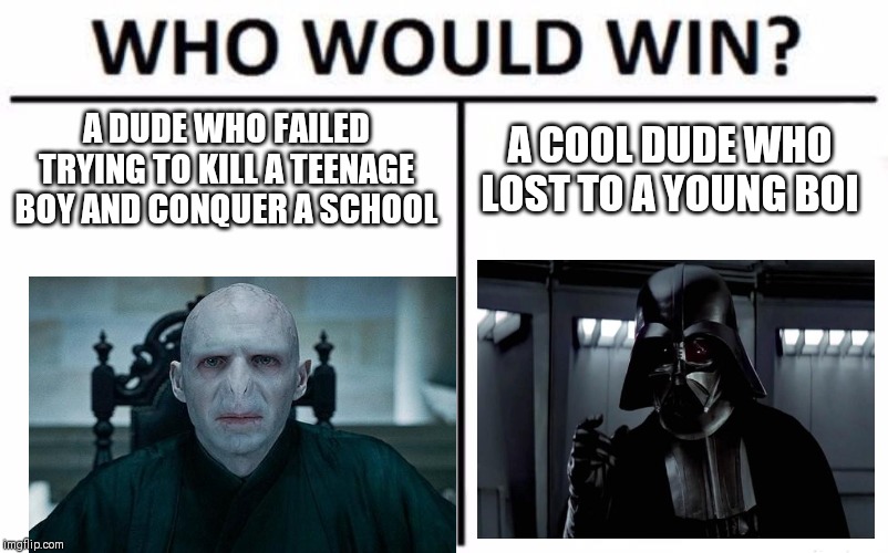 Who Would Win? Meme | A DUDE WHO FAILED TRYING TO KILL A TEENAGE BOY AND CONQUER A SCHOOL; A COOL DUDE WHO LOST TO A YOUNG BOI | image tagged in memes,who would win | made w/ Imgflip meme maker
