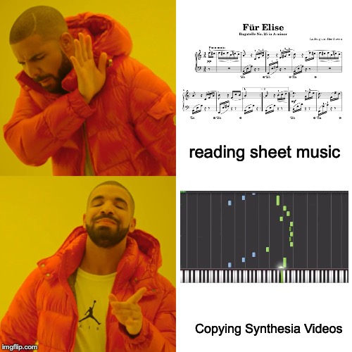 Drake Hotline Bling | reading sheet music; Copying Synthesia Videos | image tagged in memes,drake hotline bling | made w/ Imgflip meme maker