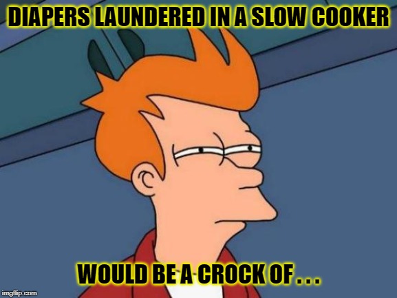 Futurama Fry Meme | DIAPERS LAUNDERED IN A SLOW COOKER WOULD BE A CROCK OF . . . | image tagged in memes,futurama fry | made w/ Imgflip meme maker