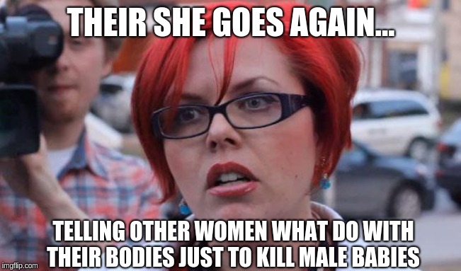 Angry Feminist | THEIR SHE GOES AGAIN... TELLING OTHER WOMEN WHAT DO WITH THEIR BODIES JUST TO KILL MALE BABIES | image tagged in angry feminist | made w/ Imgflip meme maker