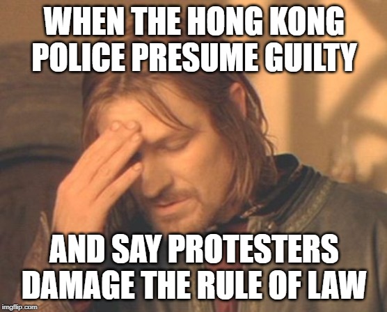 Frustrated Boromir |  WHEN THE HONG KONG POLICE PRESUME GUILTY; AND SAY PROTESTERS DAMAGE THE RULE OF LAW | image tagged in memes,frustrated boromir | made w/ Imgflip meme maker