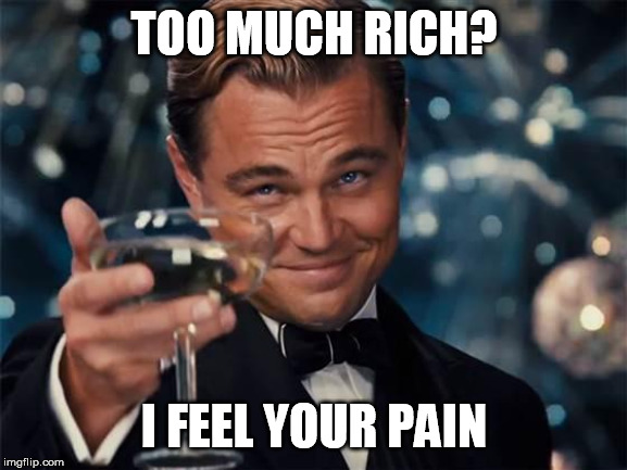 wolf of wall street | TOO MUCH RICH? I FEEL YOUR PAIN | image tagged in wolf of wall street | made w/ Imgflip meme maker