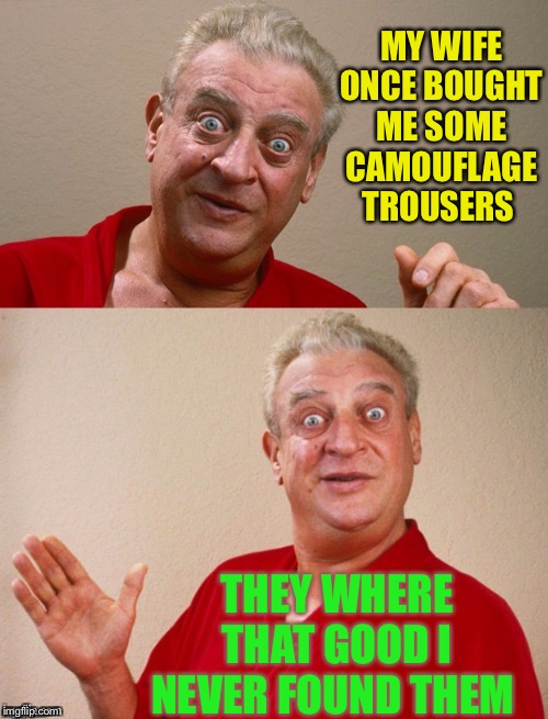Classic Rodney | MY WIFE ONCE BOUGHT ME SOME CAMOUFLAGE TROUSERS THEY WHERE THAT GOOD I NEVER FOUND THEM | image tagged in classic rodney | made w/ Imgflip meme maker