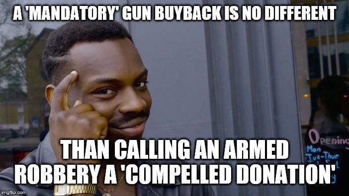 Roll Safe Think About It Meme | A 'MANDATORY' GUN BUYBACK IS NO DIFFERENT; THAN CALLING AN ARMED ROBBERY A 'COMPELLED DONATION' | image tagged in memes,roll safe think about it | made w/ Imgflip meme maker