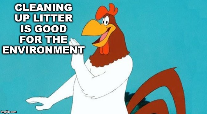 CLEANING UP LITTER IS GOOD FOR THE ENVIRONMENT | image tagged in foghorn leghorn | made w/ Imgflip meme maker